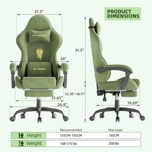 Soontrans Ergonomic Velvet Fabric Gaming Chair with Footrest, Comfortable Video Gamer Chair for Adult, Reclining Office Computer Desk Game Chairs with Massage Lumbar Cushion,Headrest