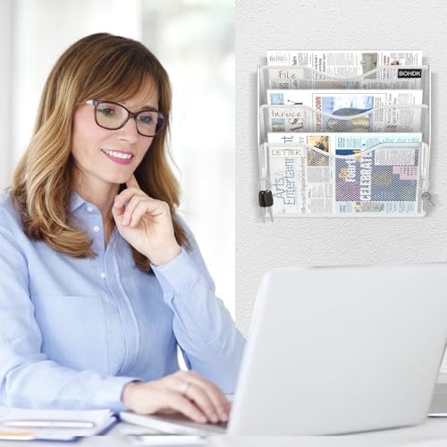 BOHDK Wall File Organizer, 3 Tire Hanging File Folder Mail Organizer, Vertical Mesh Metal Door/Wall Mount Hanging File Organizer, Paper Document Magazine Rack with Hooks for Home Office White