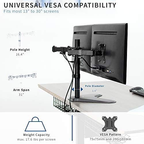 VIVO Dual 13 to 30 inch Monitor Free-Standing Mount, Fully Adjustable Desk Stand, Holds 2 Flat or Curved Display Screens, STAND-V102F