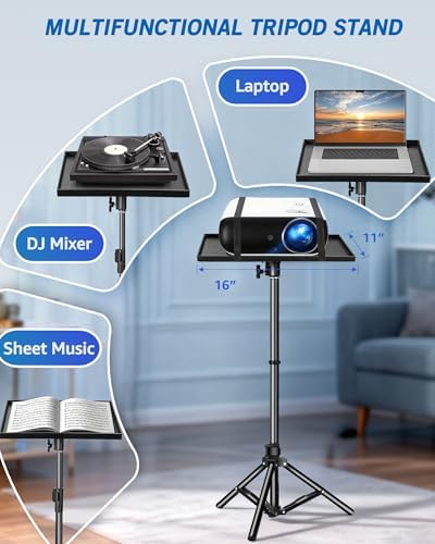 Lusweimi Projector Stand Tripod, 56 Inch Height Adjustable Laptop Stand with 16x11 Inch Tray, Portable Projector Mount, Stable Tall Tablet Floor Stand for Office, Home, Outdoor, Studio and DJ Racks