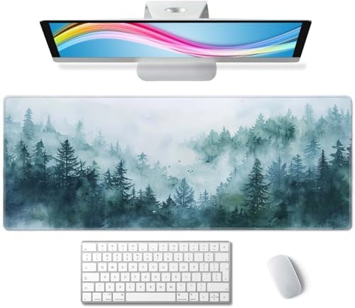 Desk Mat, Big Desk Pad, XL Extended Gaming Mouse Pad, Large Mouse Pad for Desk Rubber Base Mousepad with Stitched Edges, Keyboard Mouse Mat for Work, Game, Office, Home - Watercolor Forest Misty
