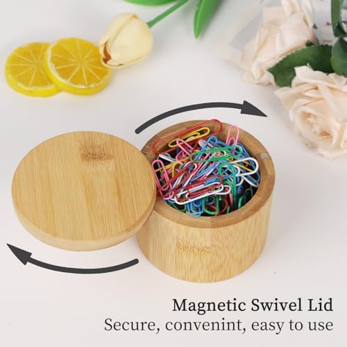 MultiBey 2 Pack Bamboo Paper Clip Holder with Swivel Lid, Wood Container