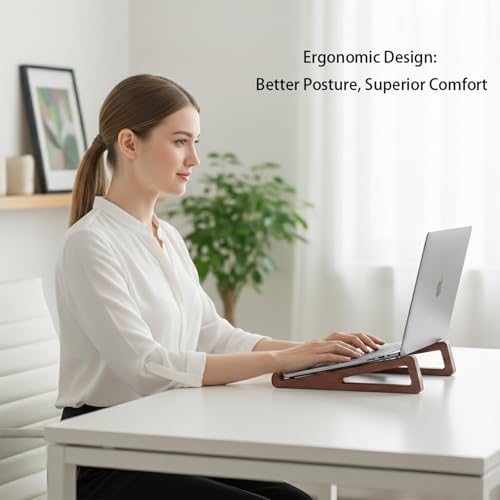 Bamboo Wooden Laptop Stand, Portable Wood Laptop Stand for Desk Tablet with Carry Pouch, Compact Travel Laptop Stand with Protective Silicone Pads, Suitable for Laptops and Tablets