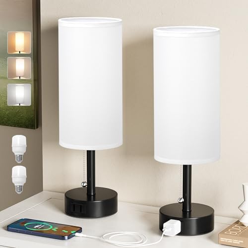 White Bedside Table Lamps Set of 2 - Bedroom Lamp for Desk, AC Outlet