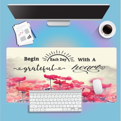 Begin Each Day with A Grateful Heart Large Mouse Pad, Pink Lotus Desk Mat