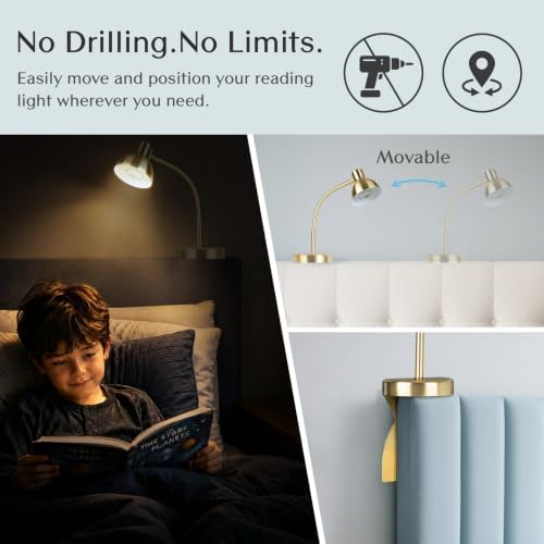 Solfres Patented Innovative Design Headboard Reading Light Pro. No Drilling Book Light for Bedtime Reading. Dimmable LED Book Reading Lamp with Bulb. Movable & Flexible, Gold
