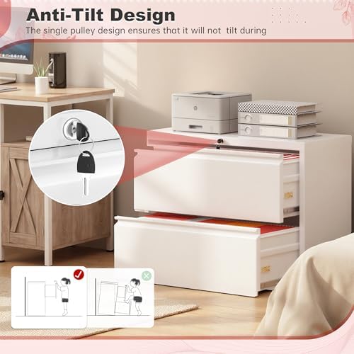 Superday Lateral File Cabinet 2 Drawer Metal File Cabinet with Lock, White Filing Cabinets for Home Office, Locking Filing Cabinets Hanging Files Letter/Legal/F4/A4