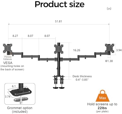 Suptek Triple LED LCD Monitor Desk Mount Heavy Duty Fully Adjustable Stand for 3 / Three Screens up to 27 inch (MD6463)