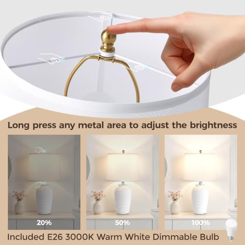 Textured Ceramic Table Lamp,Touch Dimmable Bedside Lamp, 23" White
