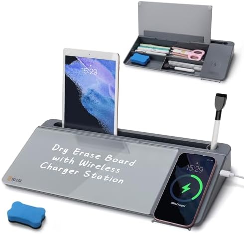 SELEAD Desktop Glass Whiteboard with Wireless Charger and Storage, Gray