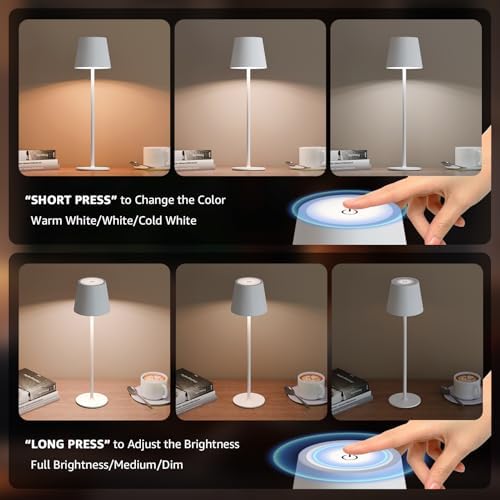 uuffoo 2 Pack Cordless Table Lamp Rechargeable 5000mAH Battery Operated Lights Touch Control LED Portable Desk Lamps 3 Color Dimming for Outdoor Coffee Bedroom Kitchen (White)
