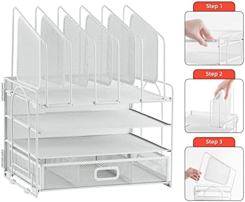 Marbrasse Desk Organizers, 4-Tier Mesh Desk File Organizer with 5 Vertical File Holders and 2 Pen Holders, Multifunction Desktop Organizer,Desk Organizers and Accessories for Home Office (White)