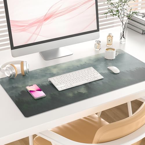 Faux Leather Large Mouse Pad, Office Desk Mat, 31.5"x15.7", Foggy Forest