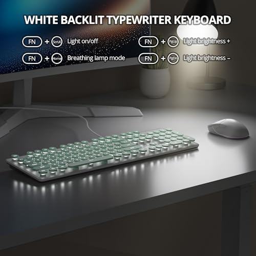 surmen Cute Quiet Keyboard Wired Green Typewriter Keyboard, Light Up Backlit PC Keyboards with Retro Round Keys Full Size 104 Keys for Office Computer (Green)