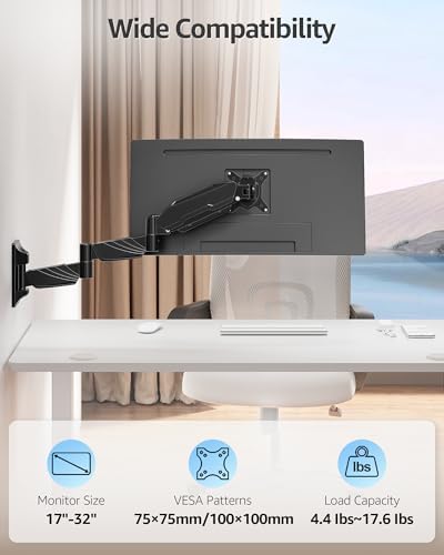 MOUNTUP Long Arm Monitor Wall Mount for 17-32” Screens, Supports 4.4-17.6lbs, Long Reach Arm Extends Up to 27.97”, Copmuter Wall Mount Monitor Arm, Full Motion Tilt Swivel Rotation, VESA 75x75 100x100