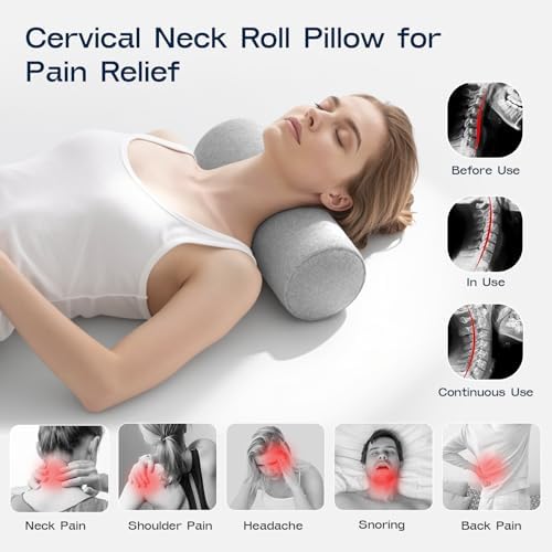 Neck Roll Cervical Pillow for Neck Pain Relief - Memory Foam Neck Pillow for Bed | Round Neck Pillows for Sleeping (Grey, Large - 6.0" H)