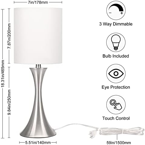 Touch Control Table Lamp, 3-Way Dimmable Desk Lamp, Bedside Reading Light