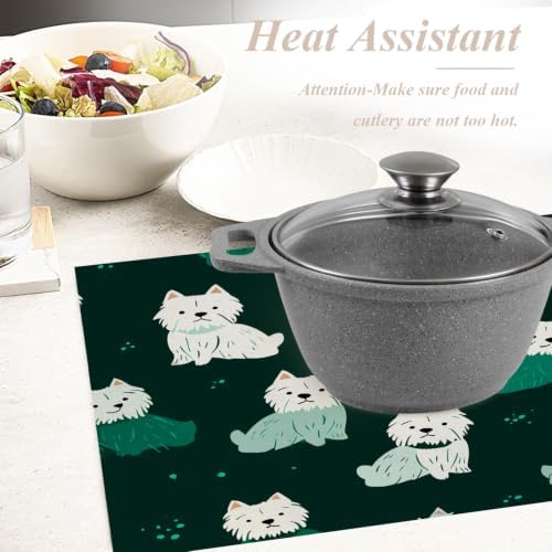 Shrahala Cute Dog in Dark Green Placemats, White Dogs Spots Table Mat Linen Burlap Washable Double-Deck Heat Insulation for Dining/Kitchen Table Set of 6 (12 X 18 Inch)