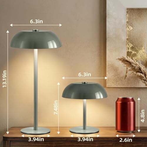2 Pack Portable LED Mushroom Table Lamp, 12H Cordless Metal Night Light with Rechargeable Battery, Stepless Dimmable 3 Colors Desk Lamp for Bedroom Bar Coffee Shop(Green)