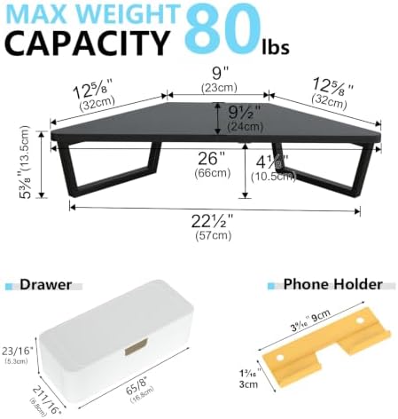 TEAMIX Corner Monitor Stand with Drawer and Phone Holder, 26x12.6x5.3in