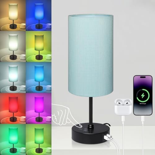 Unicozin Table Lamp for Bedroom, 3 Color Temperatures, 7 RGB Colors, Adjustable Brightness, Dual USB Charging Ports, Ambience Nightstand Light with Blue Shade, Desk Lamp for Kids Reading Home Office
