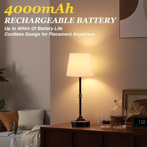 Kakanuo Rechargeable Cordless Table Lamp Antique Black - 1 Pack 4000mAh Battery Operated Lamp, 3000K Warm Light, Touch Control Stepless Dimming, for Bedside, Dining Table, Home Decor