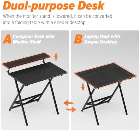 WOHOMO Folding Computer Desk with Monitor Stand, Adjustable Height, Black