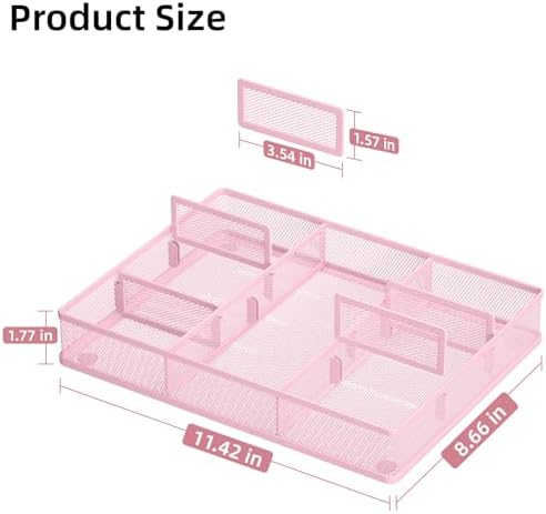 Marbrasse Desk Drawer Organizer, Metal Mesh Drawer Organizer Tray with 5 Adjustable Compartments,Desk Organizers and Accessories for Home,Office,Kitchen,Makeup,Vanity (Pink,2Pack)