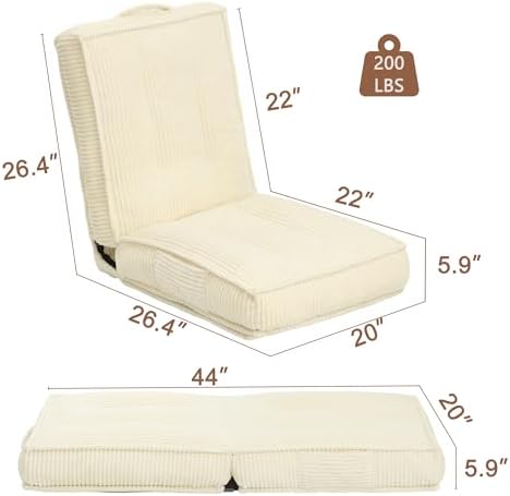 Folding Floor Tatami Chair with Back Support, 6-Position Adjustable, Beige