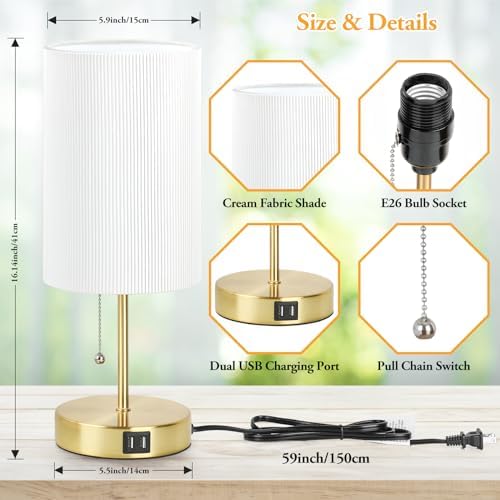 Lakumu 2 Sets Table Lamps with 2 USB, Minimalist Beside Lamps for Bedroom, Nightstand Lamp with Pull Chain, Desk Lamps with White Pleated Shade and Gold Metal Base for Living Room Dorm Reading Hotel