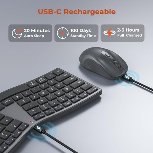 MEETION Wireless Ergonomic Keyboard and Mouse, Split S-Curve Design, Black