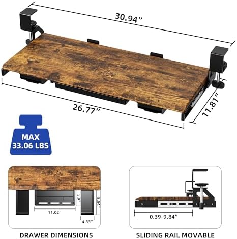 ETHU Under Desk Keyboard Tray with Metal Slide Rail, 26.8x11.8", Walnut