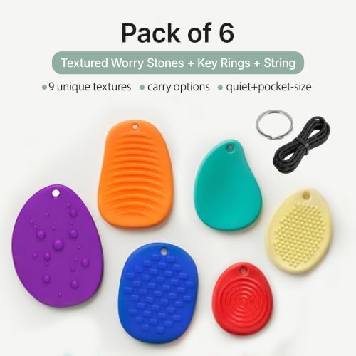 Fidget Keychain Worry Stones - 6 Pack Quiet Silicone Sensory Stones