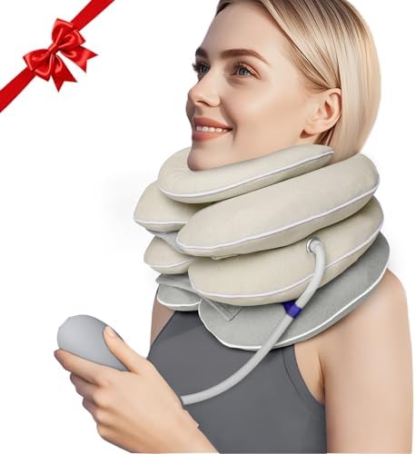 Neck Stretcher with Brace - Inflatable Cervical Traction Device for Neck Pain Relief, Adjustable Neck Support Pillow and Decompression Tool with 3+1 Chin Rest, Portable for Home, Office & Travel Use
