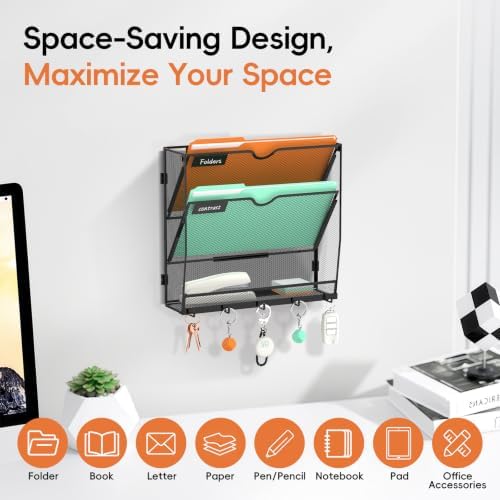 Wall File Holder Hanging Wall File Organizer, Wall Mount Mail Holder and Paper Organizer with Bottom Shelf & 5 Hooks for Office Home School (3-Tier 2Pack)