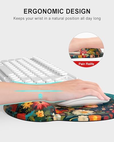 Auhoahsil Ergonomic Mouse Pad with Wrist Rest, Comfortable Silicone Non-Slip Computer Pain Relief Gel Mouse Mat with Wrist Support for Gaming, Work, Office, Women & Men, Cute Pattern, Cat Flowers