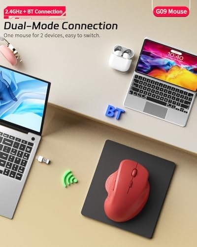 Uiosmuph G09 Bluetooth Wireless Mouse, Rechargeable Ergonomic Mouse - Red