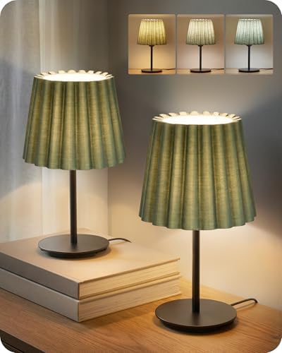 Small Bedside Table Lamps Set of 2, Dimmable Table Lamps with 3 Adjustable Color Temperatures, Nightstand Lamps with 2 Bulbs, E26 Base, for Bedroom, Study, Desk, Green and Black J15TLP205