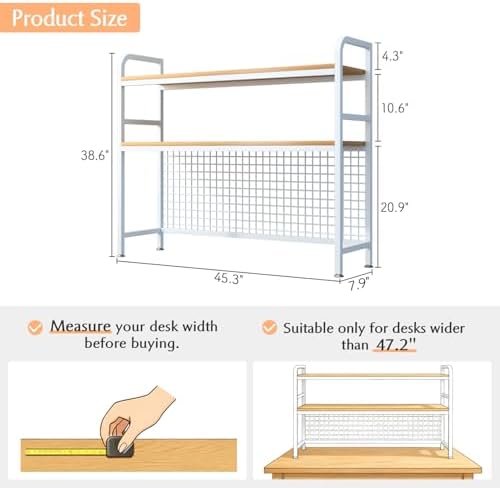 IOTXY 2-Tier Desktop Hutch Bookshelf, Metal Desk Shelf, White, 45.3" W