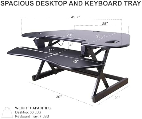 Rocelco 46" Height Adjustable Corner Standing Desk Converter with Dual Monitor Arm Mount Bundle - Sit Stand Up Tabletop Computer Workstation Riser - Extra Large Keyboard Tray - Black (R CADRB-46-MA2)