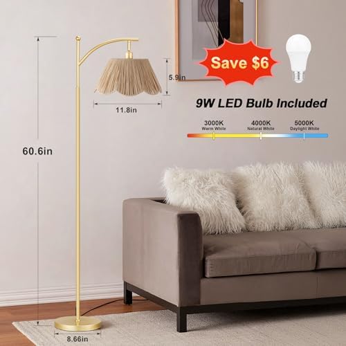 Ambimall 60" Floor Lamps for Living Room with 3 Color Temperatures, Gold Floor Lamp with Rattan Shade, Modern Tall Lamps for Bedroom Office, 9W LED Bulb Included