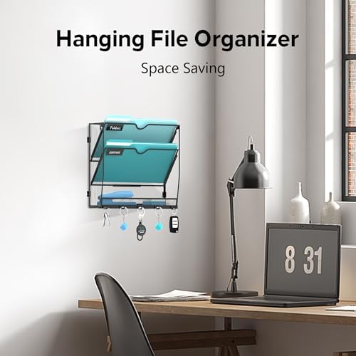 3-Tier Wall File Organizer and Mail Organizer with 5 Hooks, Black
