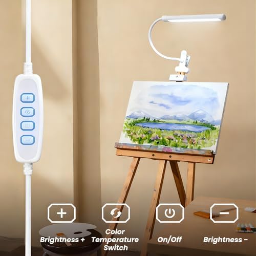 Clip-on Easel Lights for Artists Painting with On/Off Switch Cord, 3 Color Modes, Dimmable Clip Lamps for Over Painting Easel, Desk, Drawing with Flexible Arm, USB-Powered (White)