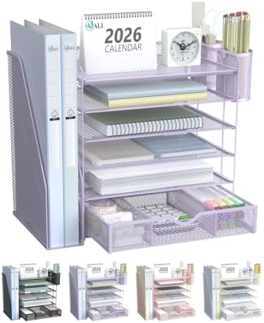 WALI Desk File Organizer, 6 Tier Desktop Paper Letter Tray Organizer with Drawer and 2 Pen Holders, Office Desk Accessories & Workspace Organizers for Office, Home Supplies(DO007DH-V), 1 Pack, Purple