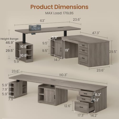 SEDETA Farmhouse L Shaped Standing Desk with Storage for Home Office, Grey