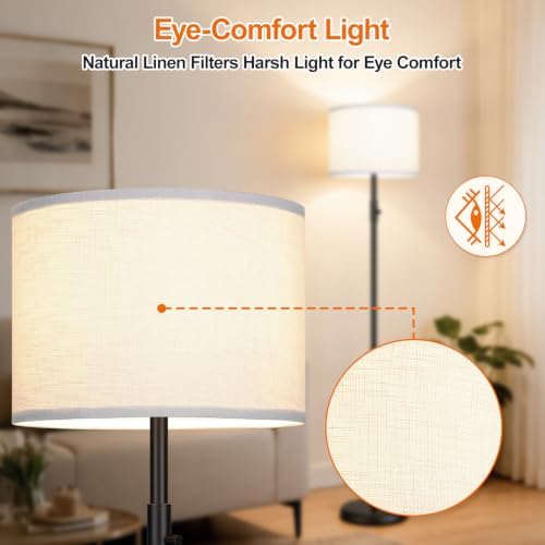 【Upgraded】 Dimmable Floor Lamp, Modern Floor Lamps Simple Design with White Shade for Living Room, Tall Standing Lamp for Bedroom Office Dining Room, Black Pole Lamp