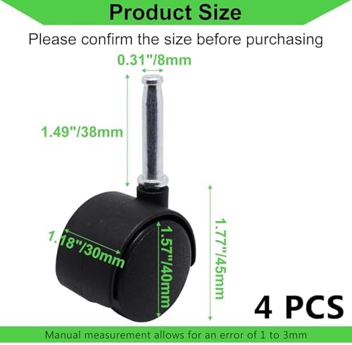 1.5 Inch Stem Swivel Casters Set of 4, M8 Grip Neck Stem Swivel Caster Wheels, 360° Rotation Heavy Duty Replacement Castors for Furniture Table Drawer Cabinet Plant Shelf Chair Wheels (Black)