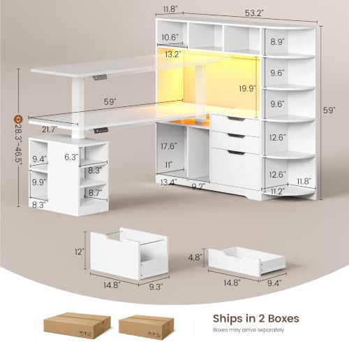 SEDETA 59" L Shaped Standing Desk with 3 Drawers Storage and Bookshelves