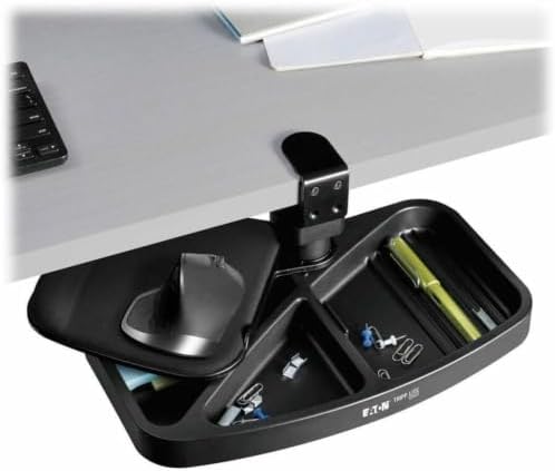 TRIPP LITE Under Desk Storage Tray Clamp-on Storage Tray w Mouse Pad, Wrist Rest - Office Desk Organizer 360 Swivel 5-Year Warranty (DMUDSC)