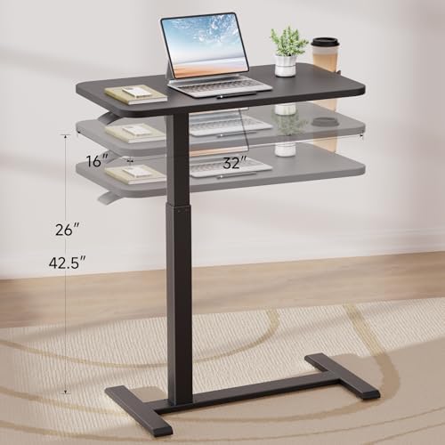 GTPLAYER Small Standing Desk with Hidden Wheels, Pneumatic Mobile Rolling Laptop Desk, Adjustable Height Overbed Bedside Table Computer Workstation for Home Office (32" W x 16" D, Black)